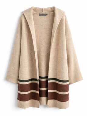 Jolie Hooded Blanket Cardigan, M/L Neutral Stripe Open Front Cozy Boho Layering